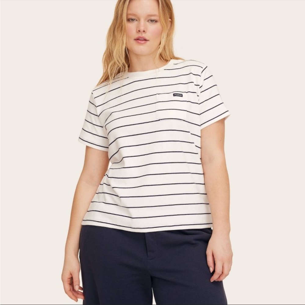 PARKE Target Striped Short-Sleeve Pocket Tee in White with Navy Stripes